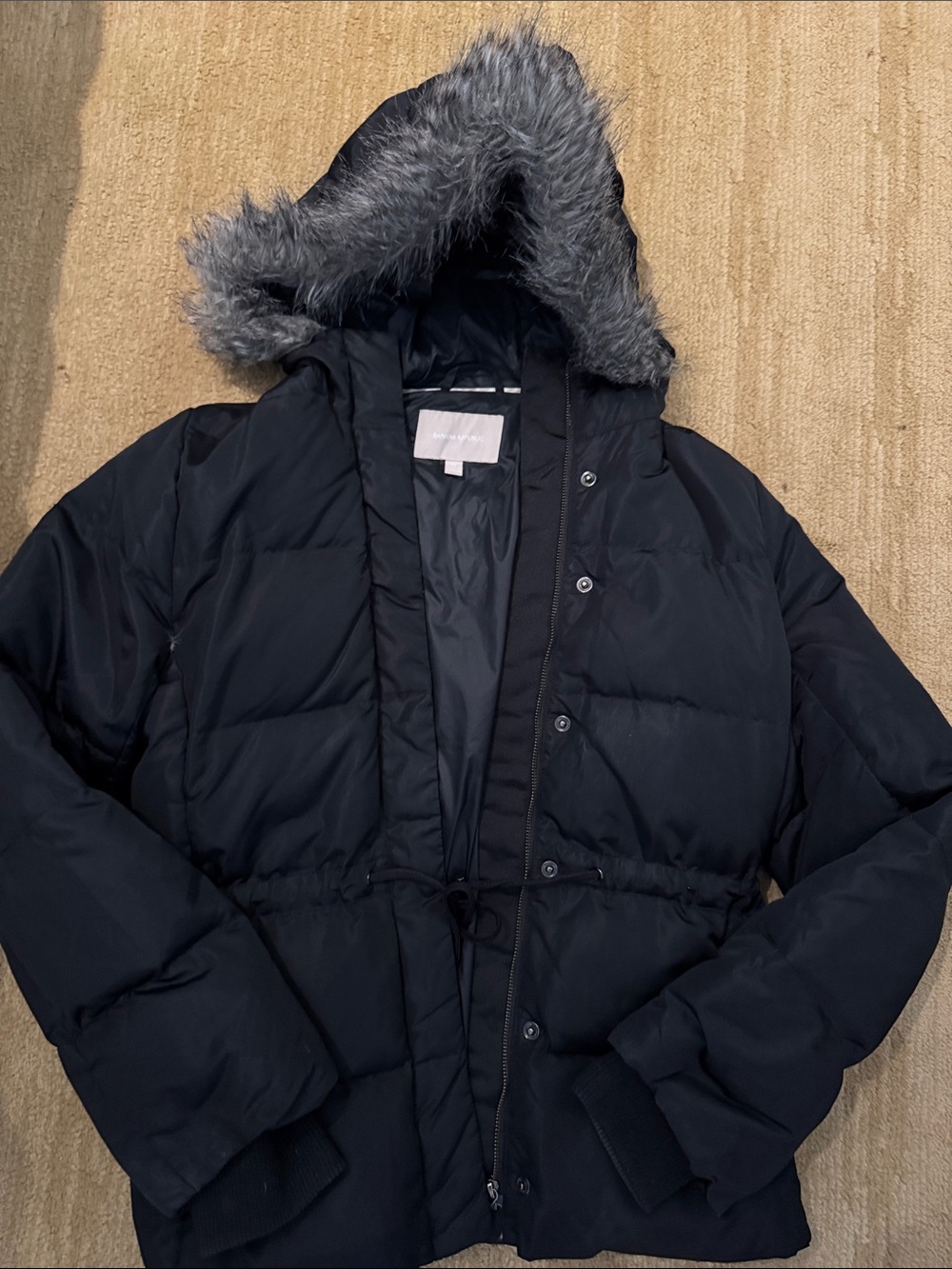 Banana Republic Black Puffer Coat with Faux Fur Hood